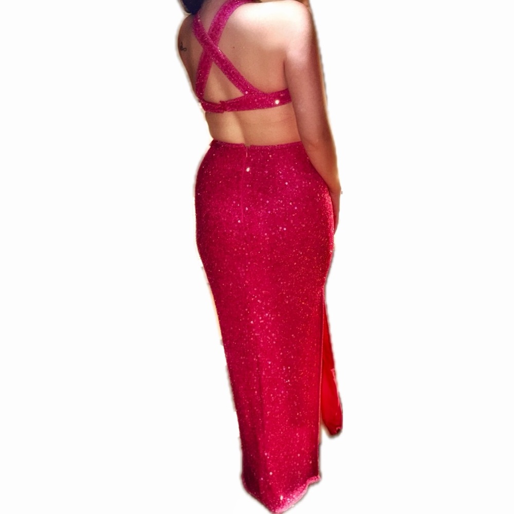 SCALA Vintage 1980’s Hot Pink Silk Sequin Beaded Backless Gown, size small - Picture 4 of 13